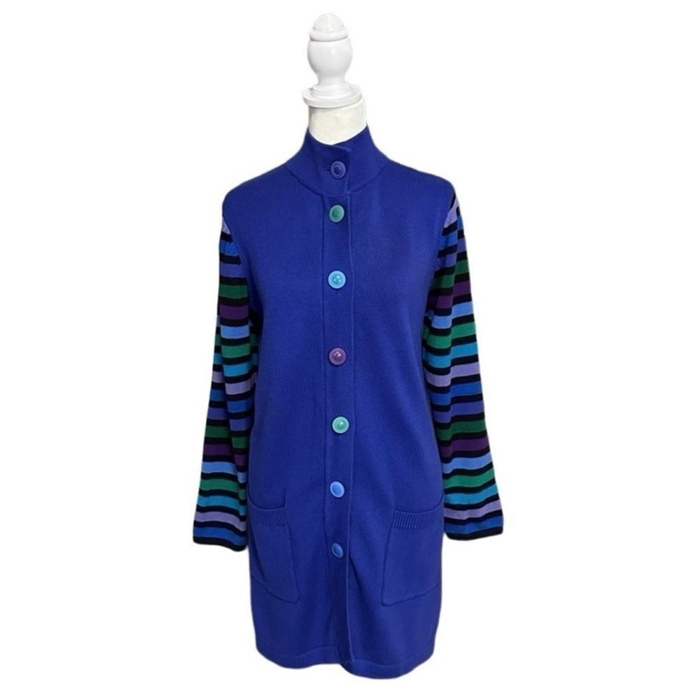 Bob Mackie Wearable Art Blue & Multicolor Stripe Sleeve Button Up Cardigan Small